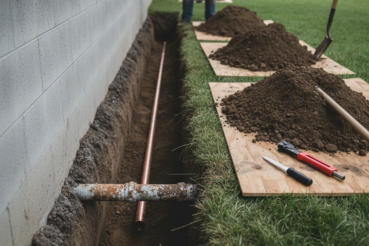 Excavated water line trench during Sewer Line Repair in Penn Laird